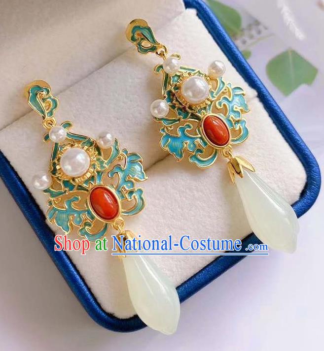 China Traditional Cheongsam Agate Ear Accessories National Wedding Jade Mangnolia Earrings