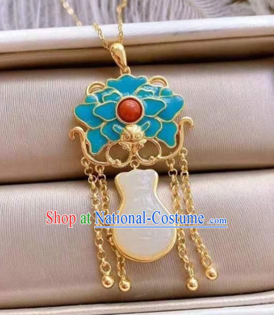 China Handmade Jade Lucky Bag Necklace Jewelry Accessories Traditional Blueing Peony Pendant