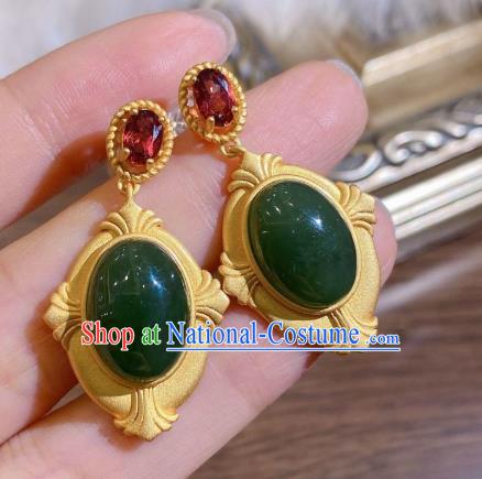 China Traditional Cheongsam Green Jade Ear Accessories National Garnet Earrings