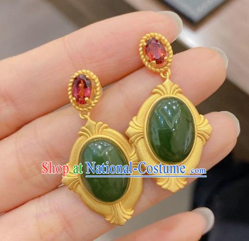 China Traditional Cheongsam Green Jade Ear Accessories National Garnet Earrings