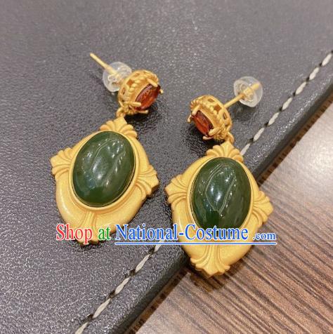 China Traditional Cheongsam Green Jade Ear Accessories National Garnet Earrings