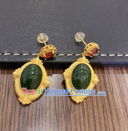 China Traditional Cheongsam Green Jade Ear Accessories National Garnet Earrings