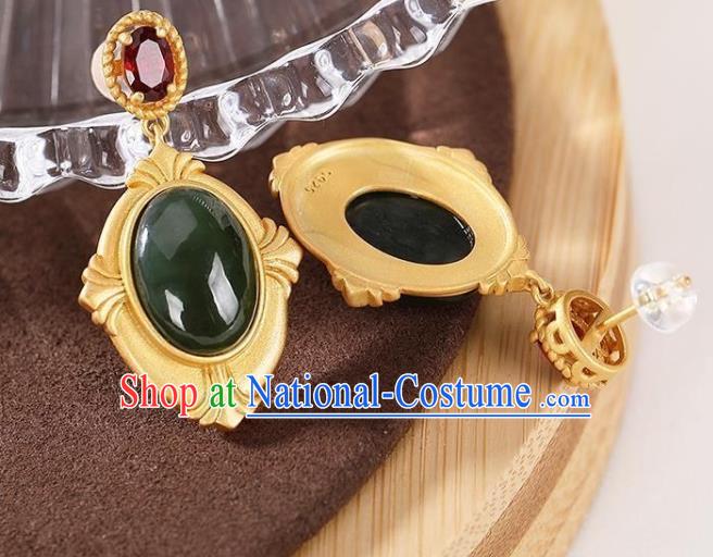 China Traditional Cheongsam Green Jade Ear Accessories National Garnet Earrings