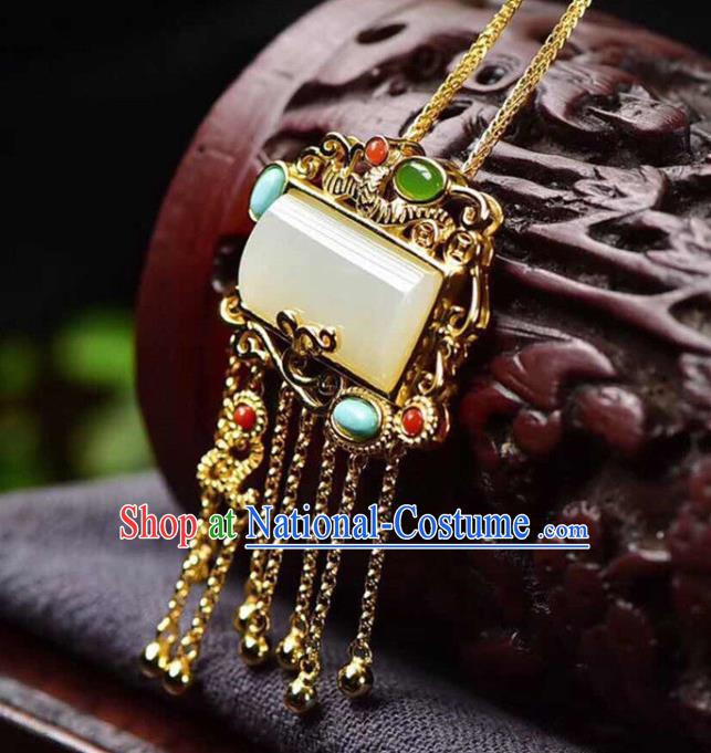 China Handmade Golden Tassel Necklace Jewelry Accessories Traditional Jade Pendant