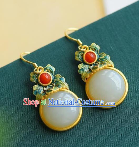 China Traditional Cheongsam Enamel Ear Accessories National White Jade Earrings