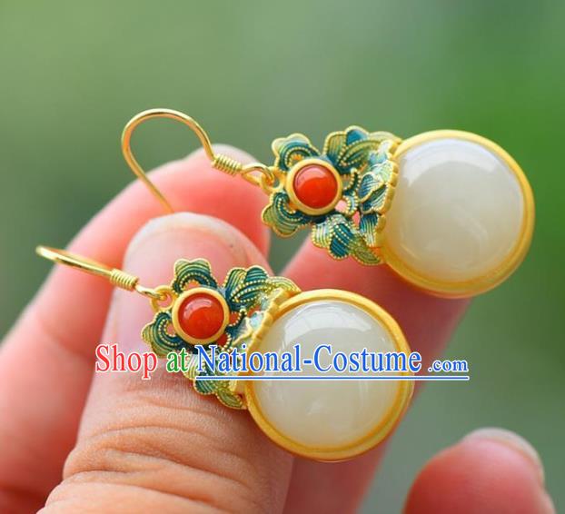 China Traditional Cheongsam Enamel Ear Accessories National White Jade Earrings