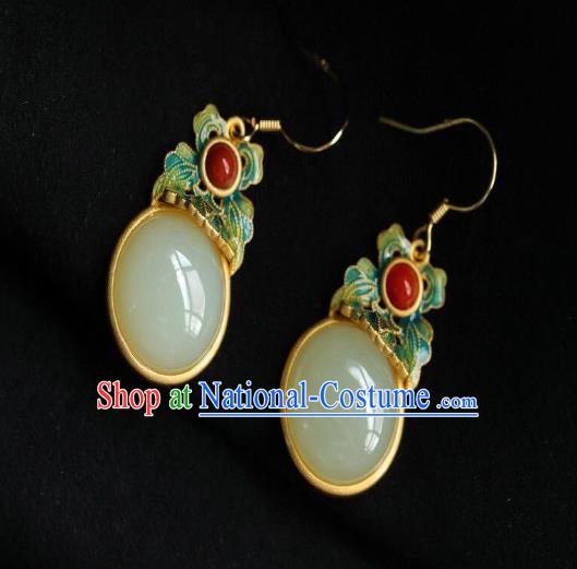 China Traditional Cheongsam Enamel Ear Accessories National White Jade Earrings