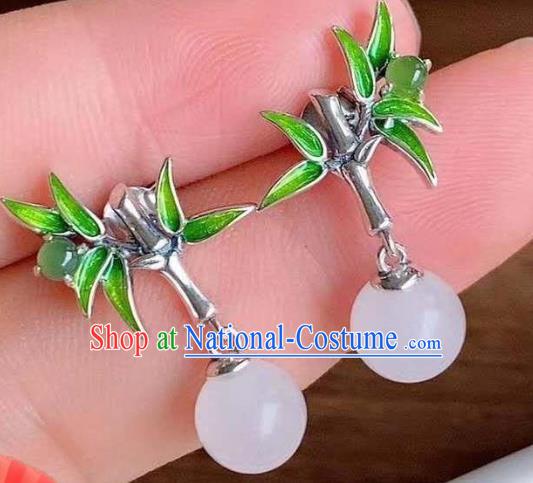 China National Silver Bamboo Earrings Traditional Cheongsam Chalcedony Ear Accessories