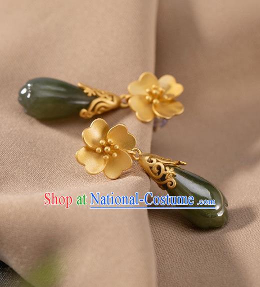 China National Jade Mangnolia Earrings Traditional Cheongsam Golden Ear Accessories