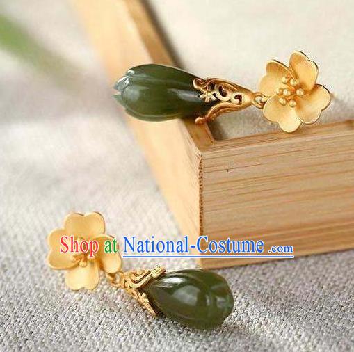 China National Jade Mangnolia Earrings Traditional Cheongsam Golden Ear Accessories