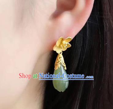 China National Jade Mangnolia Earrings Traditional Cheongsam Golden Ear Accessories