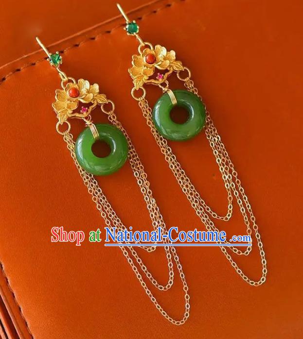 China National Golden Peony Tassel Earrings Traditional Cheongsam Jade Ear Jewelry Accessories