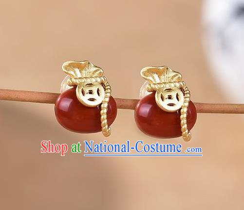 China National Agate Lucky Bag Earrings Traditional Cheongsam Golden Copper Ear Jewelry Accessories