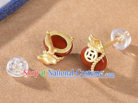 China National Agate Lucky Bag Earrings Traditional Cheongsam Golden Copper Ear Jewelry Accessories