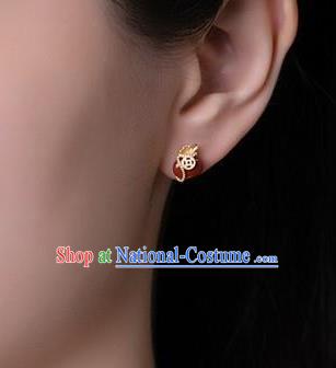 China National Agate Lucky Bag Earrings Traditional Cheongsam Golden Copper Ear Jewelry Accessories