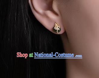 China Traditional Cheongsam Golden Copper Ear Jewelry Accessories National Jade Lucky Bag Earrings