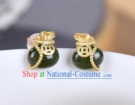 China Traditional Cheongsam Golden Copper Ear Jewelry Accessories National Jade Lucky Bag Earrings