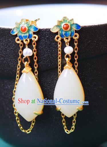 China Traditional White Jade Ear Jewelry Accessories National Cheongsam Enamel Lotus Earrings