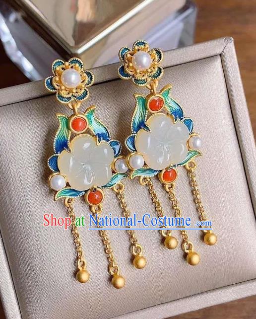 China Traditional Golden Tassel Ear Jewelry Accessories National Cheongsam Enamel Jade Plum Earrings