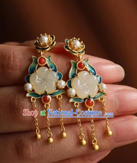 China Traditional Golden Tassel Ear Jewelry Accessories National Cheongsam Enamel Jade Plum Earrings