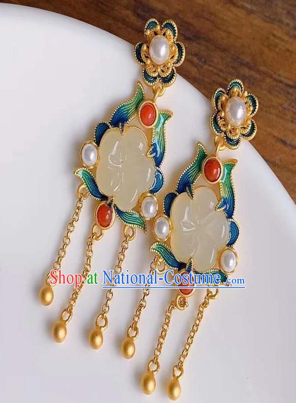 China Traditional Golden Tassel Ear Jewelry Accessories National Cheongsam Enamel Jade Plum Earrings