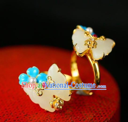 Chinese Handmade Jade Butterfly Ring Jewelry Accessories Classical Court Golden Circlet