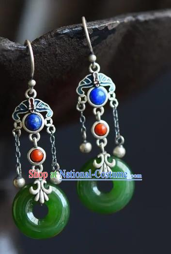 China Traditional Silver Lapis Ear Jewelry Accessories National Cheongsam Green Jade Earrings