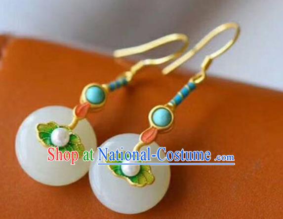 China Traditional Jade Peace Buckle Ear Jewelry Accessories National Cheongsam Enamel Lotus Leaf Earrings