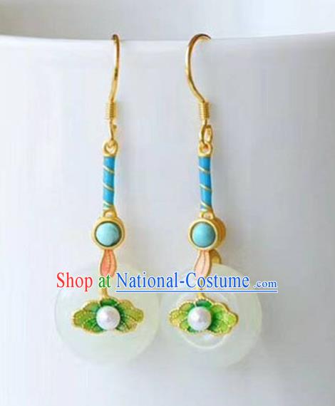 China Traditional Jade Peace Buckle Ear Jewelry Accessories National Cheongsam Enamel Lotus Leaf Earrings