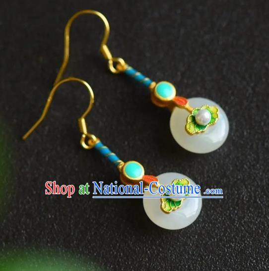 China Traditional Jade Peace Buckle Ear Jewelry Accessories National Cheongsam Enamel Lotus Leaf Earrings