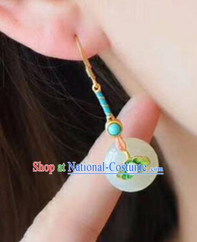 China Traditional Jade Peace Buckle Ear Jewelry Accessories National Cheongsam Enamel Lotus Leaf Earrings