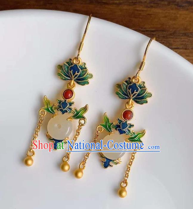 China Traditional Cloisonne Lotus Ear Jewelry Accessories National Cheongsam Jade Peace Buckle Earrings