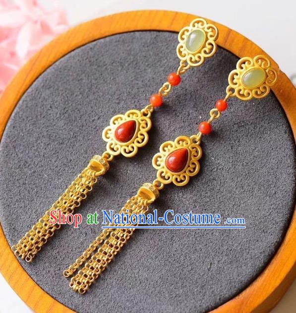 China Traditional Court Golden Tassel Ear Jewelry Accessories National Cheongsam Agate Earrings