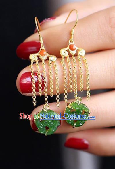 China Traditional Green Jade Ear Jewelry Accessories National Cheongsam Golden Tassel Earrings