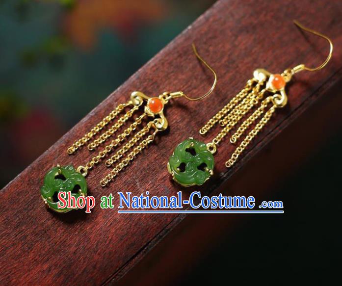 China Traditional Green Jade Ear Jewelry Accessories National Cheongsam Golden Tassel Earrings