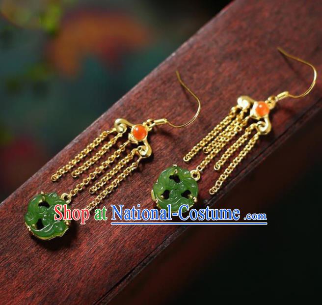 China Traditional Green Jade Ear Jewelry Accessories National Cheongsam Golden Tassel Earrings