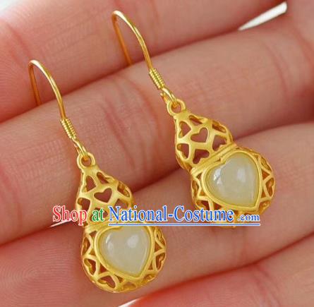 China Traditional Jade Heart Ear Jewelry Accessories National Cheongsam Golden Gourd Earrings