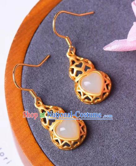 China Traditional Jade Heart Ear Jewelry Accessories National Cheongsam Golden Gourd Earrings