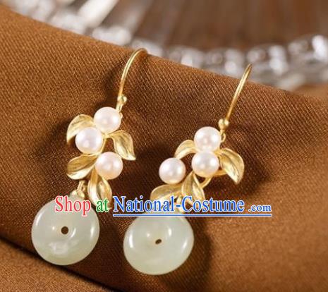 China Traditional Jade Peace Buckle Ear Jewelry Accessories National Cheongsam Golden Leaf Earrings