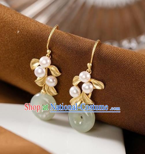 China Traditional Jade Peace Buckle Ear Jewelry Accessories National Cheongsam Golden Leaf Earrings