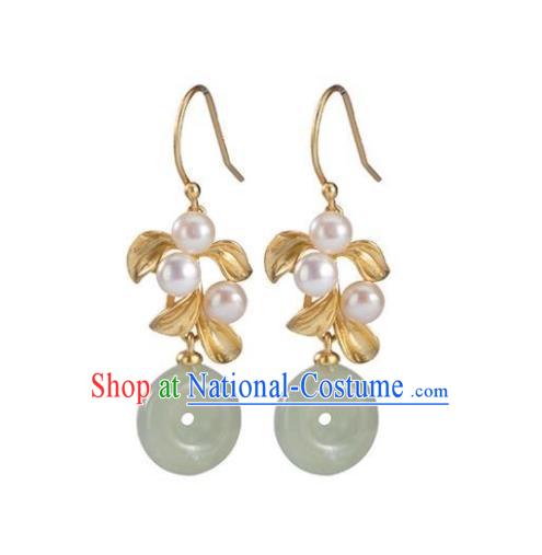 China Traditional Jade Peace Buckle Ear Jewelry Accessories National Cheongsam Golden Leaf Earrings