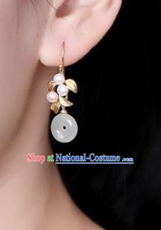 China Traditional Jade Peace Buckle Ear Jewelry Accessories National Cheongsam Golden Leaf Earrings