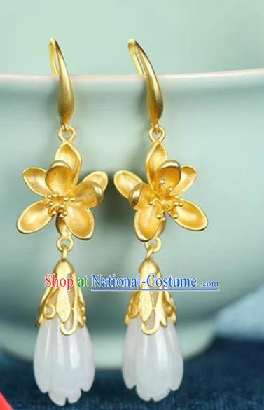 China Traditional Golden Lotus Ear Jewelry Accessories National Cheongsam Jade Mangnolia Earrings