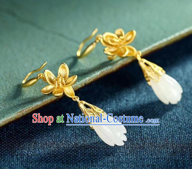 China Traditional Golden Lotus Ear Jewelry Accessories National Cheongsam Jade Mangnolia Earrings