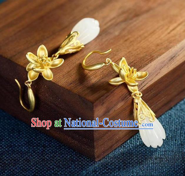 China Traditional Golden Lotus Ear Jewelry Accessories National Cheongsam Jade Mangnolia Earrings