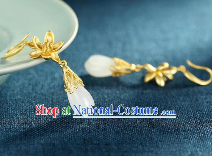 China Traditional Golden Lotus Ear Jewelry Accessories National Cheongsam Jade Mangnolia Earrings