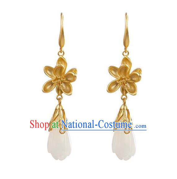 China Traditional Golden Lotus Ear Jewelry Accessories National Cheongsam Jade Mangnolia Earrings