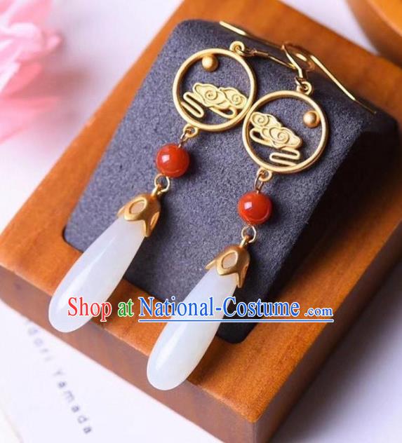 China Traditional White Jade Ear Jewelry Accessories National Cheongsam Golden Cloud Earrings