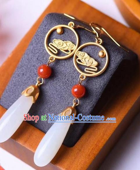 China Traditional White Jade Ear Jewelry Accessories National Cheongsam Golden Cloud Earrings