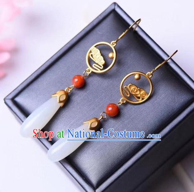 China Traditional White Jade Ear Jewelry Accessories National Cheongsam Golden Cloud Earrings